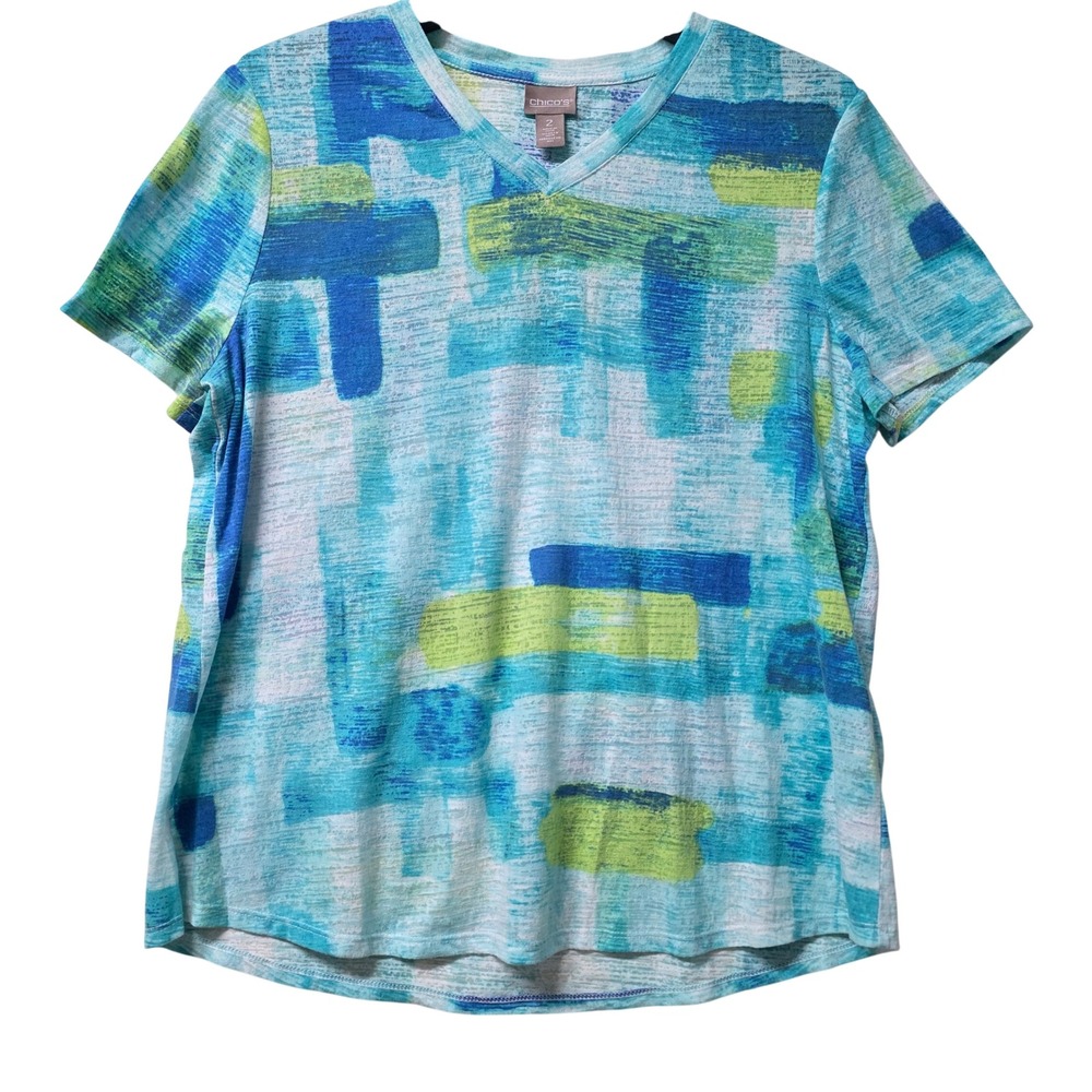 Chico's Abstract Brushstroke V-Neck Top Teal Blue Green Cotton Blend Size 2 L - Picture 8 of 10